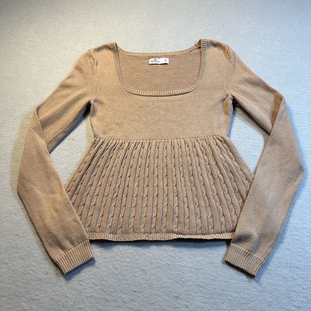 Hollister Babydoll Sweater Tan Brown Cable Knit Y2K Womens Small Scoop Neck